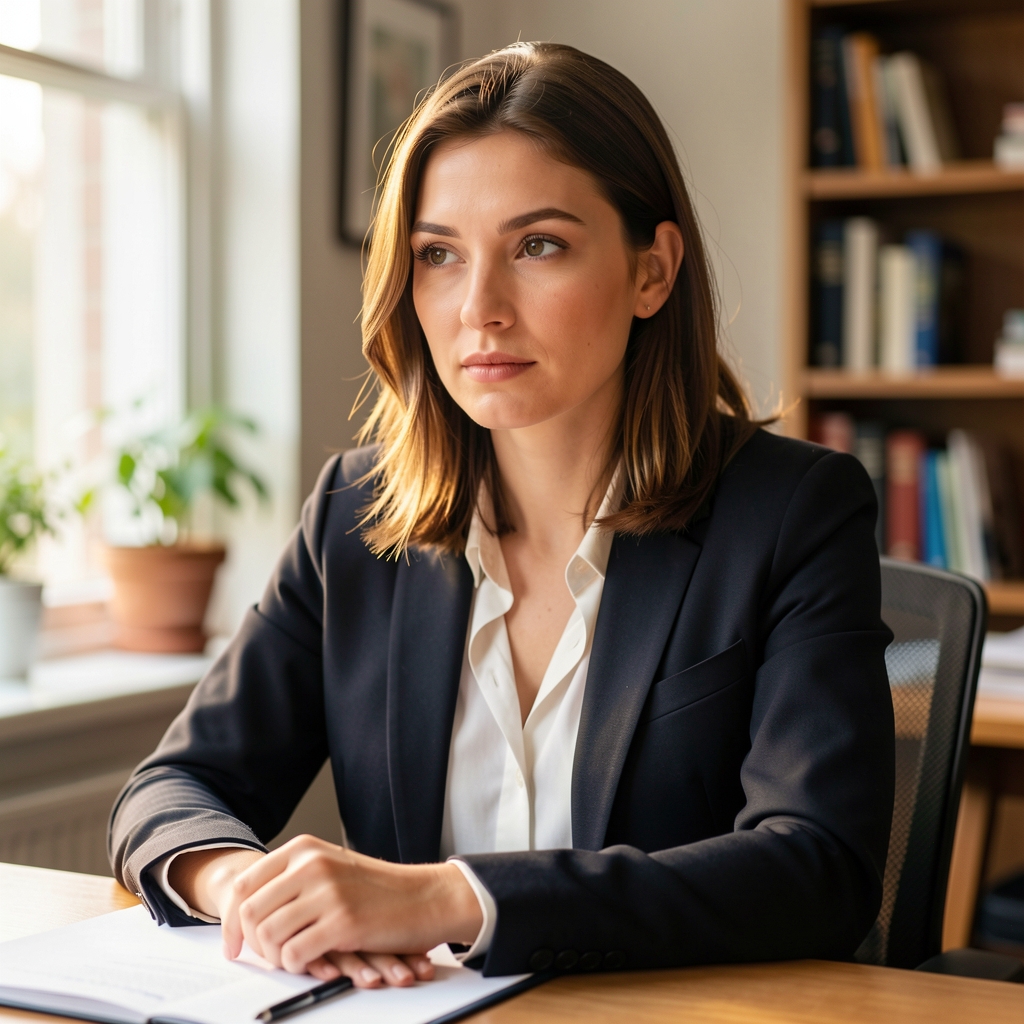 Editorial portrait of the founding editor of Dalve Compendium, warm window light, thoughtful expression, seated at a writing desk in a London editorial office