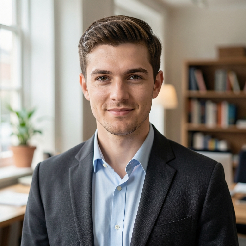 Portrait of James Wilson, founding editor of Dalve Compendium, soft natural light, editorial workspace in London