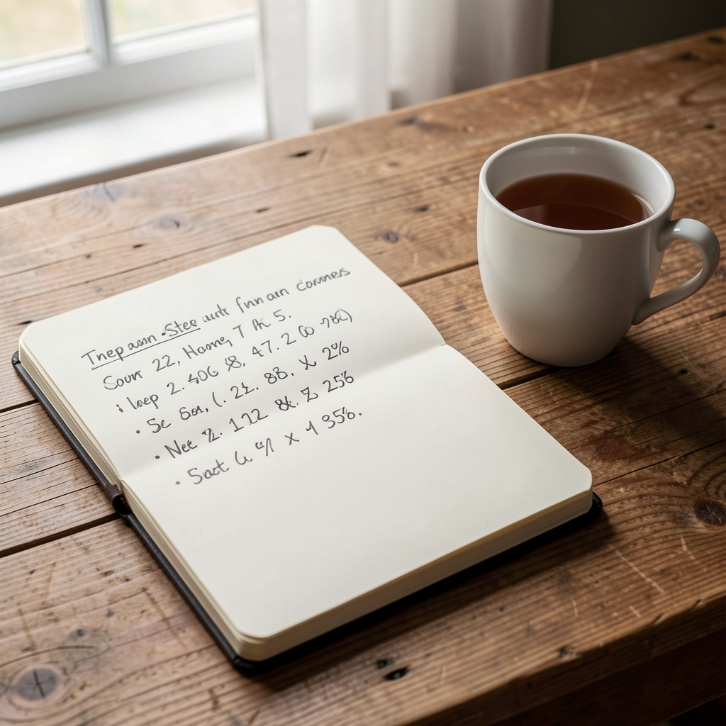 Editorial workspace with open notebooks and reference materials on a wooden desk in warm natural light