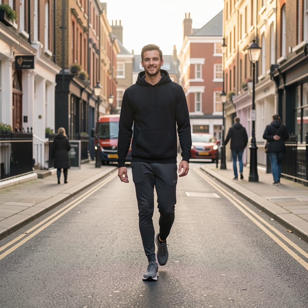 Person walking on a quiet London street in early morning light, editorial weight management journal photography