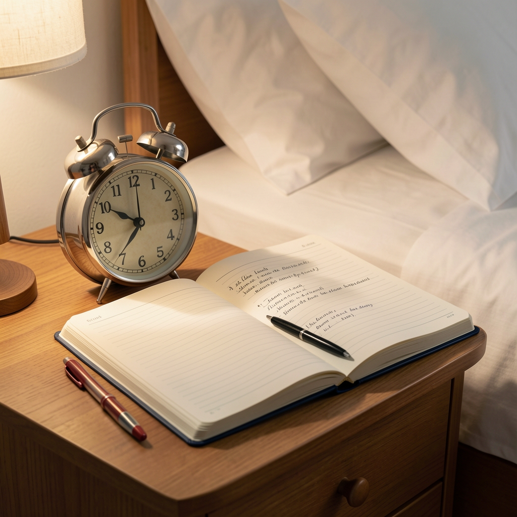 Open notebook beside an alarm clock on a bedside table with soft morning light, sleep habit tracking journal, editorial documentary photography