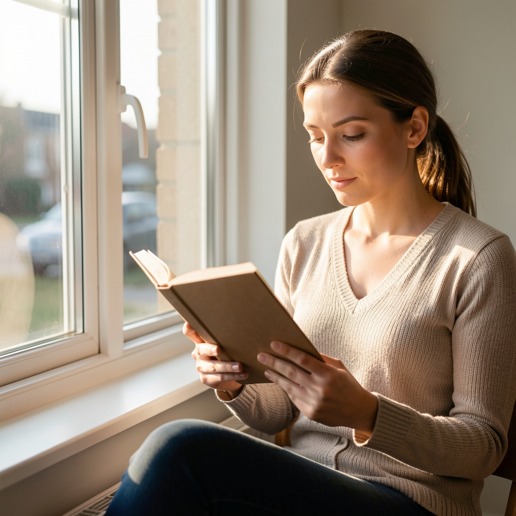 Person sitting by a window reading in soft morning light, editorial photograph for a weight loss coaching journal