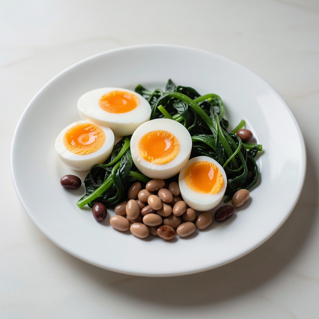 A balanced plate of whole foods including eggs, green vegetables and legumes on a simple white plate, editorial food photography with natural light