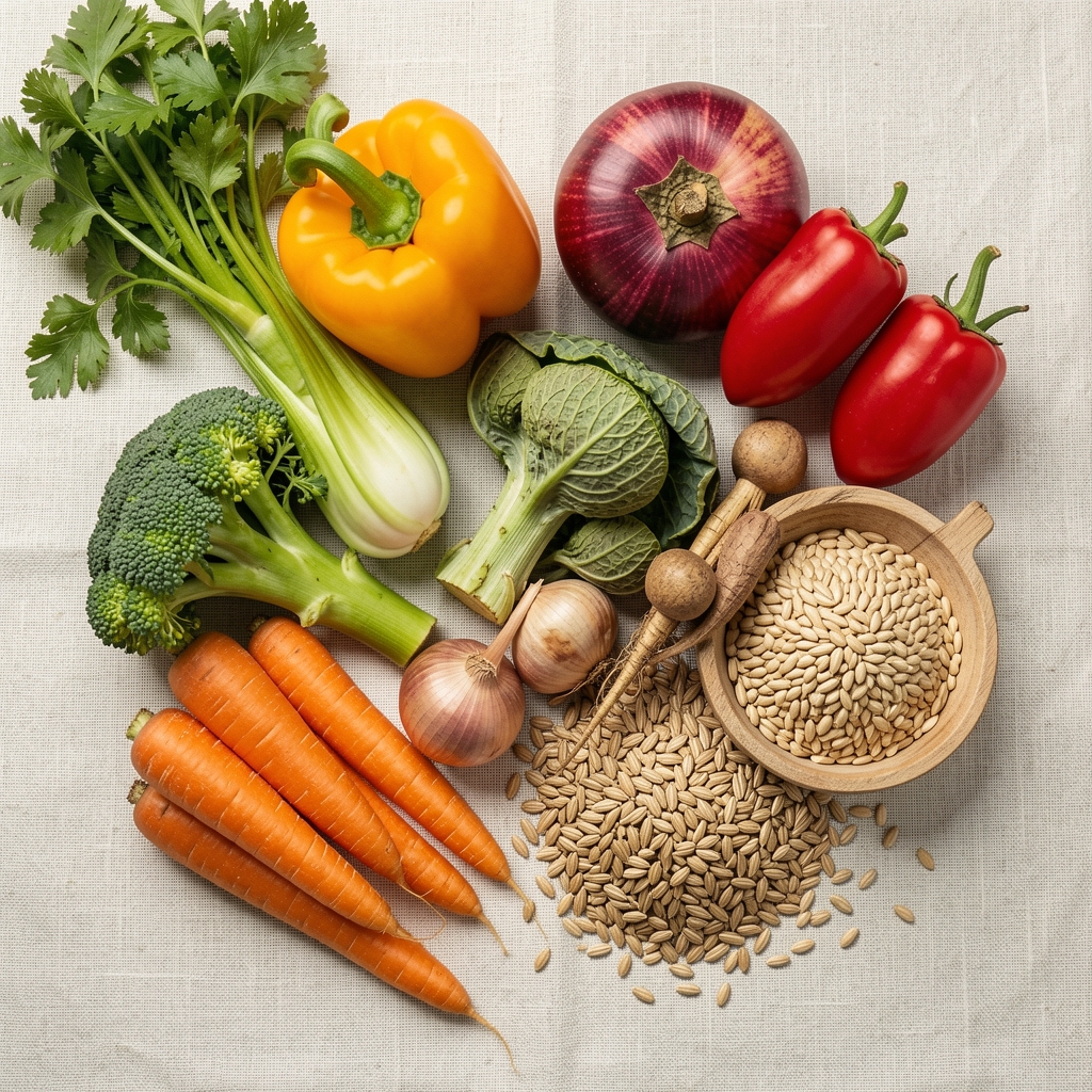 Seasonal vegetables and whole grains arranged on a pale linen surface, editorial overhead food photography for nutrition awareness