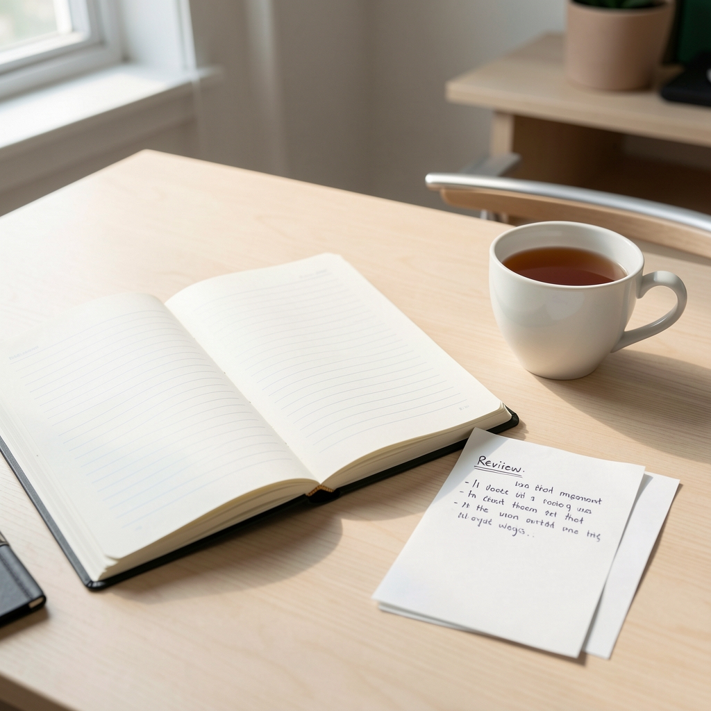 Notebook open with editorial review notes beside a cup of tea on a pale wooden desk, natural morning light, weight management coaching publication workspace